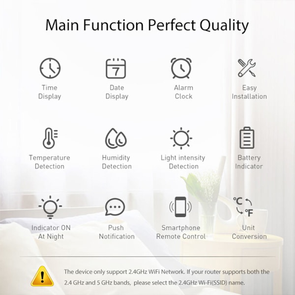 Tuya - Detektion av temperatur och luftfuktighet, WiFi, 4 i 1 smart sensor, väckarklocka
