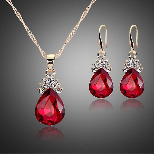Set för kvinnor med kristallhängande halsband+örhängen(röd)
