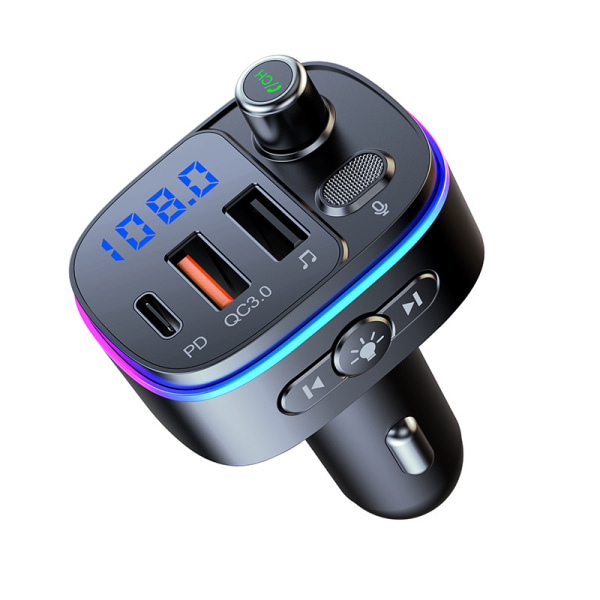 Bluetooth 5.0 FM-transmitter, QC3.0 PD 18W USB-C Bil Bluetooth FM-transmitter med 9 RGB Baggrundsbelysning, Bil Bluetooth Adapter Understøtter Håndfri Opkald, Si