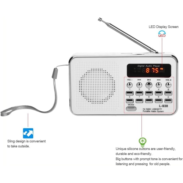 Mini FM-radio Digital Bärbar 3W Stereo Högtalare MP3 Audiospelare Hög Fidelity Ljudkvalitet med 1,5 tums Display Skärmstöd USB-enhet TF SD MMC