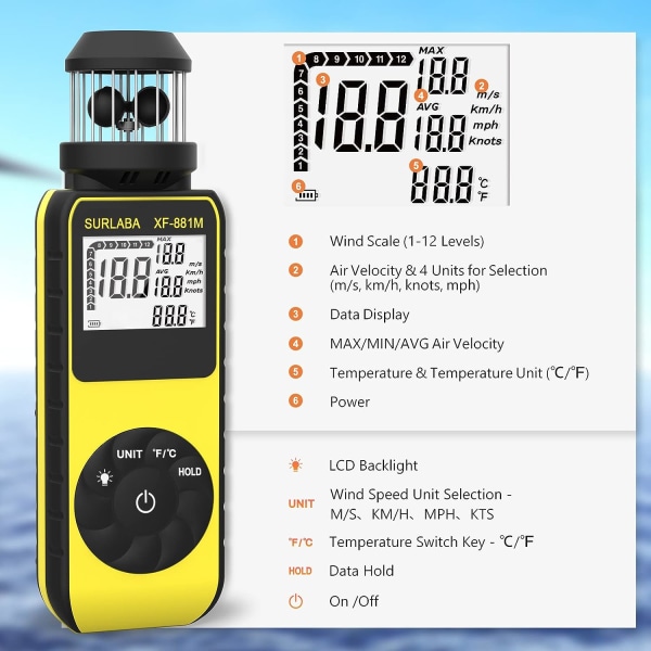 Tuulimittarin digitaalinen anemometri, ulkoilman nopeusmittari 0,7~42 m/s, kannettava anemometri mittaa MAX/AVG tuulen nopeuden ja lämpötilan (℃/℉), ilmavirta