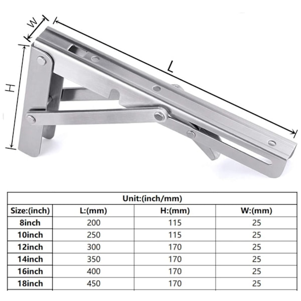 400 mm Foldbar Beslag, Foldbart Konsolbeslag i Rustfrit Stål, Væghyllesupport (2 stk. med monteringsskruer)