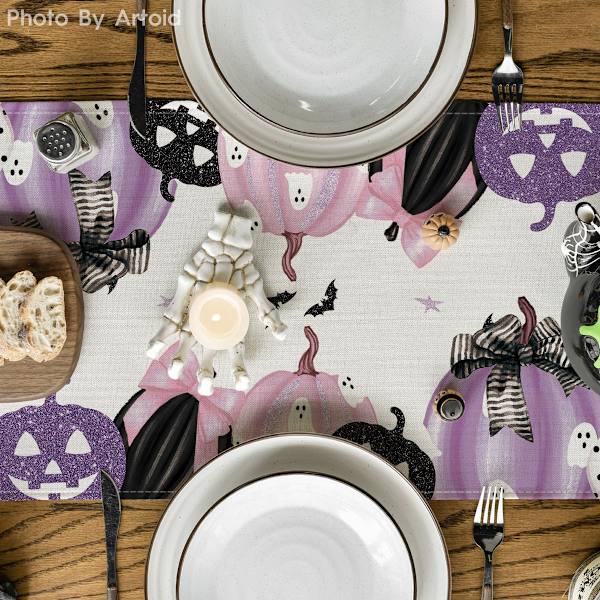 Halloween-pöytäliina vaaleanpunaisilla ja valkoisilla kurpitsapuikeilla, kausikeittiöpöydän sisustus, täydellinen kodin juhlasisustukseen 13 x 72 tuumaa