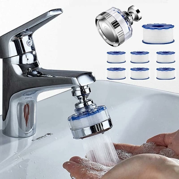 Kranfilter med 6 PP bomullsfilterelement, universellt antikalk-kranfilter, 360° roterande sprayhuvud