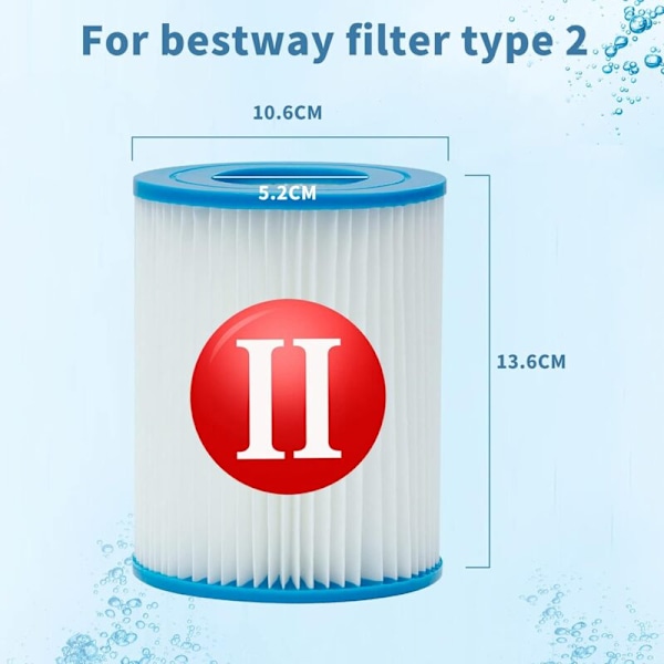 2 stk. filter til Bestway type 2, spa udskiftning oppustelig poolfilter tilbehør til Bestway 58094 type II patroner, vaskbar og genanvendelig
