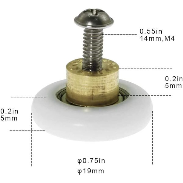 Set med 4 erstatningsruller for dusjdører, 19 mm diameter