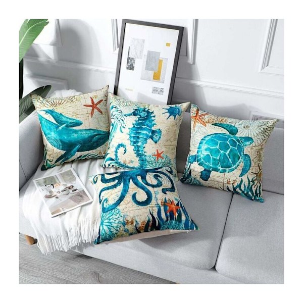45x45cm Putetrekk for utendørs bruk, sett med 4 vanntette The Blue Marine Life Sofa Plow Patio For Terrasse Hage Salong Dekor