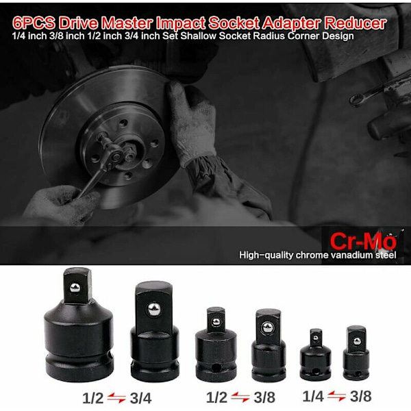 Sett med 6 slagfast adaptere for piper, pipeadaptere, reduseringsadaptere for 6,35 mm pipeomformer, 3/8quot, 1/2quot, 3/4quot