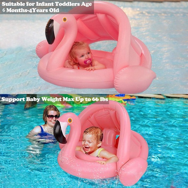Flamingo Baby Pool Float med Baldakin, Oppustelig Sæde Flydelegeme Oppustelig Børnepool Babyer 6 - 48 Måneder Badekar Swimmingpool PVC Materiale (Pink)