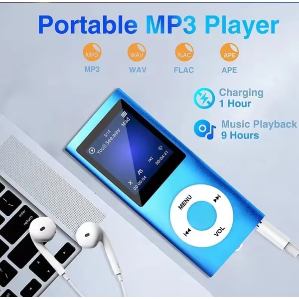 1,8-tums MP3- och MP4-spelare med uppladdningsbart batteri, musikspelare med FM-radio, videor, foton, stödjer upp till 64 GB minneskort, 8 timmars speltid