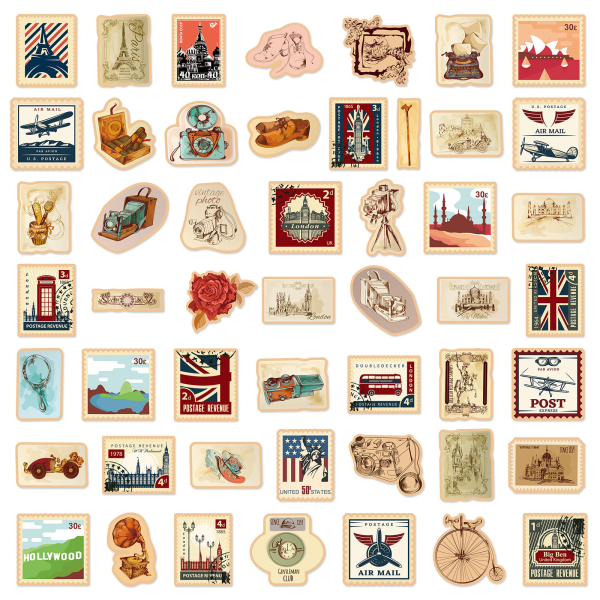 Frimerke-klistremerker, 50 frimerkeklistremerker, fargekort, landskap,