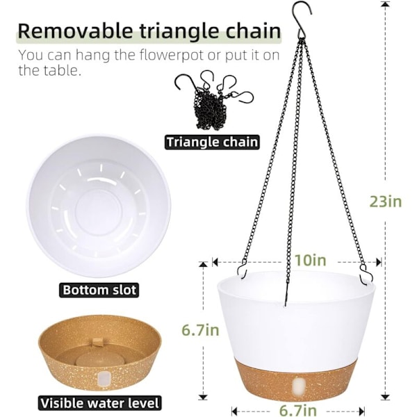 Parti med 2 (vita) hängande blomkrukor, 25,4 cm i diameter för inom- och utomhusbruk, hängande blomkruka med dräneringshål och 3 krokar för trädgården