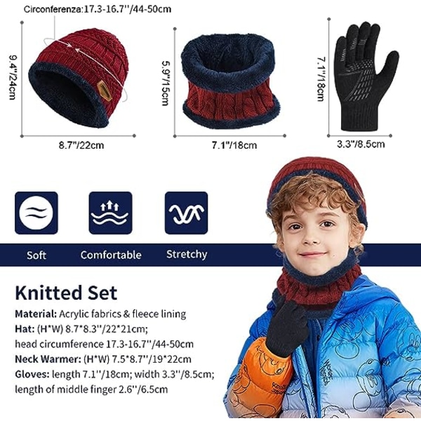 Barn Vintermössa Halsduk Handskar Set - Kaffe Varm Termisk Stickad Mössa Mössa Snood Halsvärmare Pekskärm Anti-halk Vante Utomhussporter Mjuk Fleece L