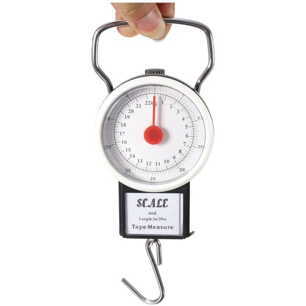 Vågskala, vågskala och dynamometer 2 i 1 bagagevåg med måttband - Bärbar handvikt med 22 kg kapacitet och 1 m måttband för exakt W