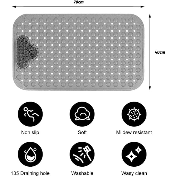 Halkfria duschmattor, 70 x 40 cm, med sugkoppar, badmattor med dräneringshål, halkfria, mögelresistenta och maskintvättbara (grå)