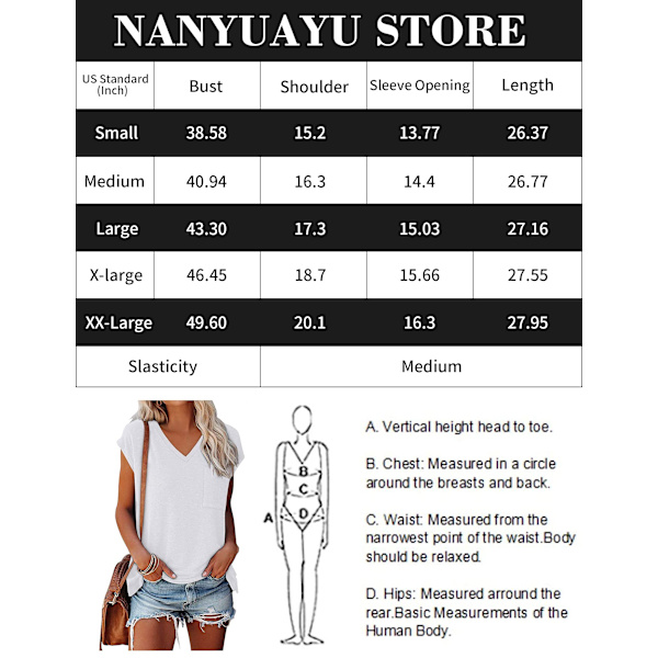 Womens Summer Casual Tops Basic Loose Cap Sleeve Tshirts Solid Color Blouse with Pocket（L,White）