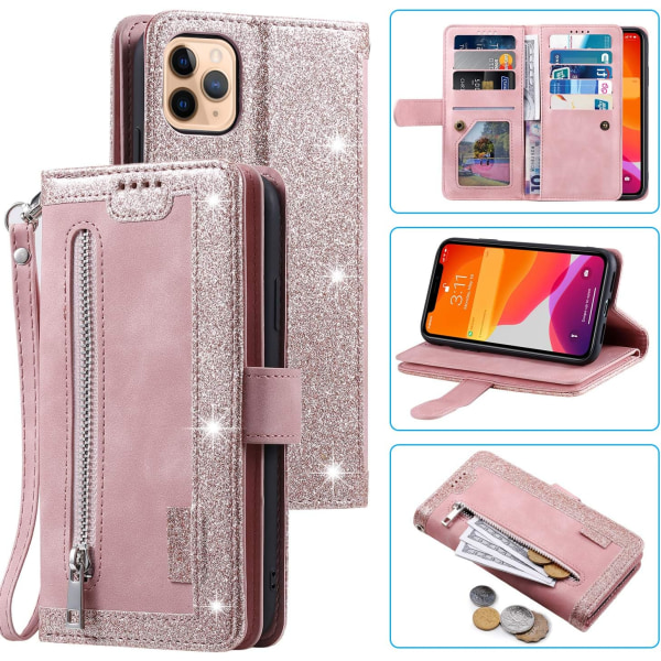Plånboksfodral för iPhone 14 Pro, 6,1\" (telefon ingår ej) - Roséguld, 9 kortplatser, blixtlåsförsedd ficka, handväska, PU-läder magnetisk montering, Shockpro