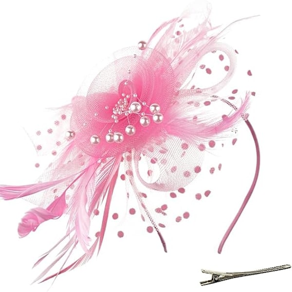 Pink - Fjervægt Hovedbånd og Klips til Bryllup og Damedag Hat til Cocktail og Te-selskab til Piger og Kvinder