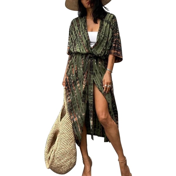 Kvinnors långa strandklänning, bohemisk kimono-överdrag