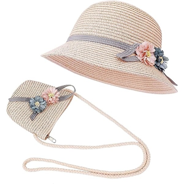 Rosa - Solskjerm for jenter, sommerhatt i strå for barn og pose med blomsterkant for strandturer og fotturer i alderen 3-7