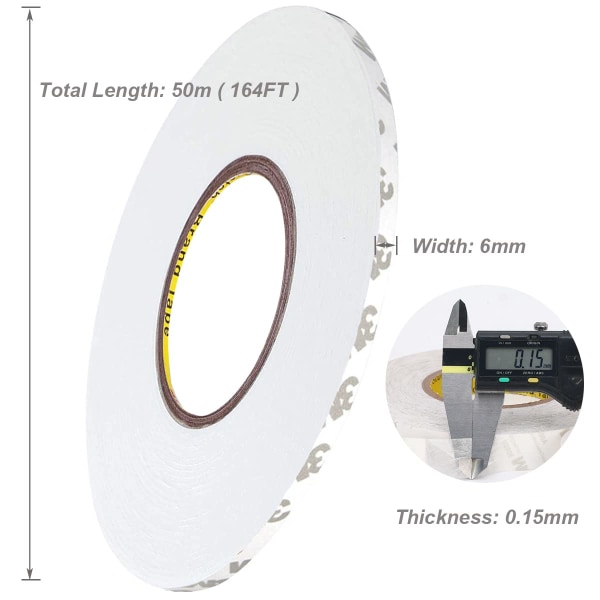 Dobbeltsidig tape, gjennomsiktig 3M dobbeltsidig scrapbooking ekstra sterk 50m lengde, 6mm bredde, 0,15mm tykkelse vanntett høy temperatur