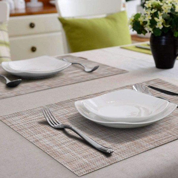 Placemat Set of 8（Linen）, Cross Weave Vinyl Woven Table Mats, Non-Slip Insulated Washable Table Mat Set