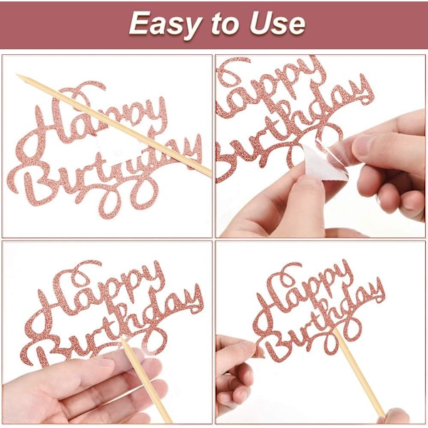 Gull bursdagskakepynt (rosa gull), 2 sett bursdagskakepynt for barn jenter gutter kvinner mann, Happy Birthday stjerner cupcake toppers for dekorasjon