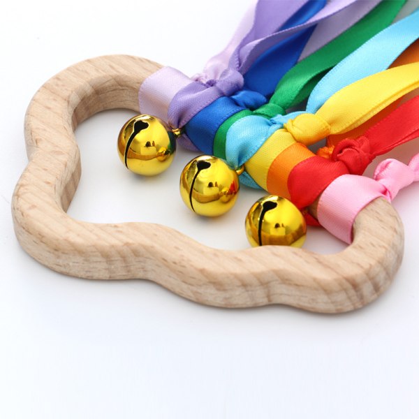 2-Pack Sensory Wooden Ring Baby Toys - Baby Rainbow Ribbon Rattle Toys Educational Toddler Toys with Bells