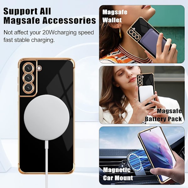 Sort etui til Samsung Galaxy S21 til kvinder og piger [MagSafe-kompatibel] Sødt hjertemønster Magnetisk etui med forgyldt kant Silikone Stødsikkert Pro