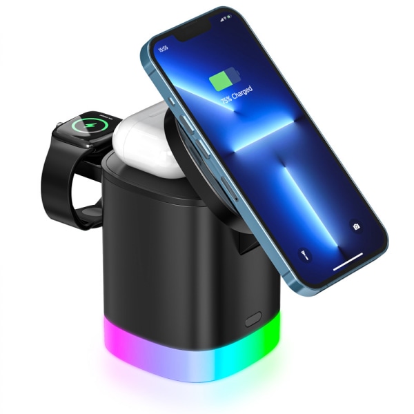 Taitettava Super Nopea Magneettinen Kaksipäinen 3-in-1 Langaton Puhelimen Latausasema RGB-Tunnelmavalolla