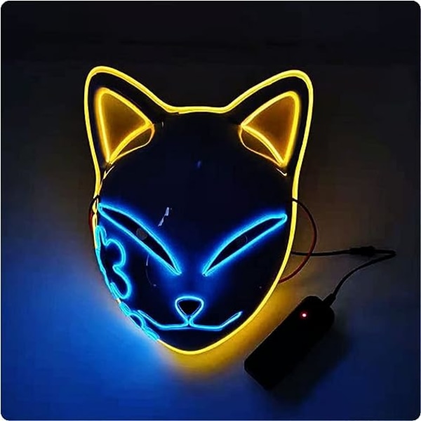 (Gul) LED Fox Face Demon Slayer Mask, Japanese Anime Slayer Co