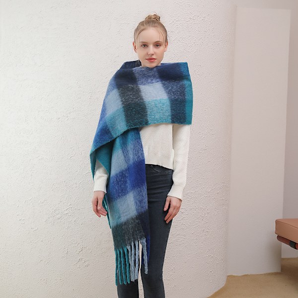 Rutiga halsduk kvinnor vinter varm tjock tjock frans lång ny ull halsduk män höst och vinter imitation kashmir halsduk(Treasure Blue Plaid)