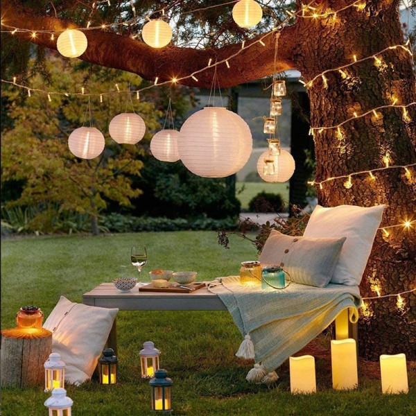 Solar Battery Light String Beige Rice Balls 100 LED Warm White Lights