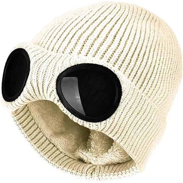 Unisex Goggle Beanie Stickad Vinter Chunky Beanie Hat (Beige)