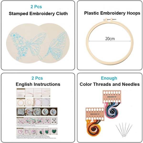 Sommerfugl broderikit med blomstermønster, trykt broderistarterkit til begyndere voksne sæt af 2