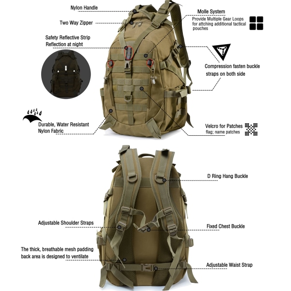 35L Tactical Backpack - Military Army Backpack Vattentät, Vandring