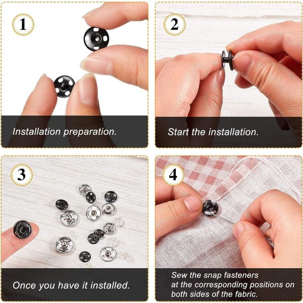 24 sarjaa ommeltuja nepparikiinnikkeitä (12 mm), ommeltuja nepparikiinnikkeitä, mustia hopeisia metallisia nepparikiinnikkeitä, ripustuksia, käsilaukkuja, ompeluprosessia DIY-tuotenappeja