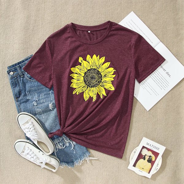 Kvinners sommer solsikke T-skjorte søt blomst grafisk løs tees mannskap hals kort ermet casual topper(L)
