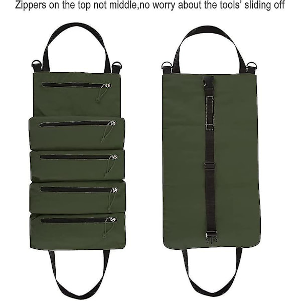 Verktygsrulle Organizer Väska, Heavy Duty Canvas Verktygsförvaringsficka med 5 Dragkedjefickor för Skiftnycklar, Hylsor, Skruvmejslar och Mer (Armégrön)