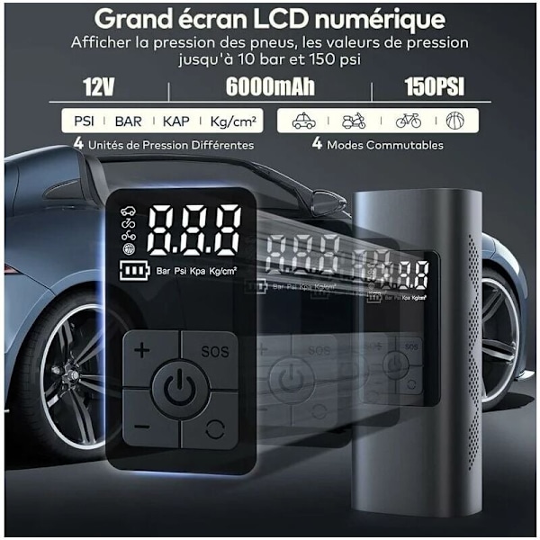 6000mAh mini elektrisk luftpumpe, bærbar luftkompressor-inflator 150PSI trådløst dekk med digital LCD-skjerm, elektrisk sykkelpumpe med LED-lampe for m