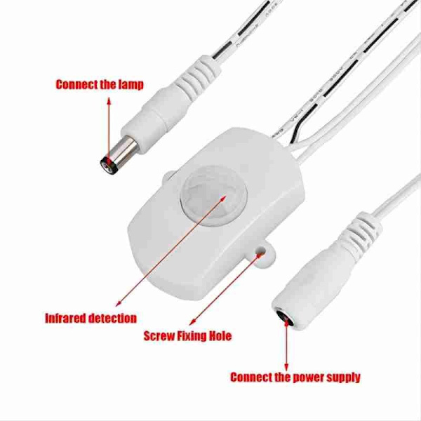 Bevægelsessensor, 6V-24V Bevægelsessensor Afbryder, 5A 12V Pir Sensor Afbryder, Justerbar Forsinkelsestid, til LED-belysning (Hvid)