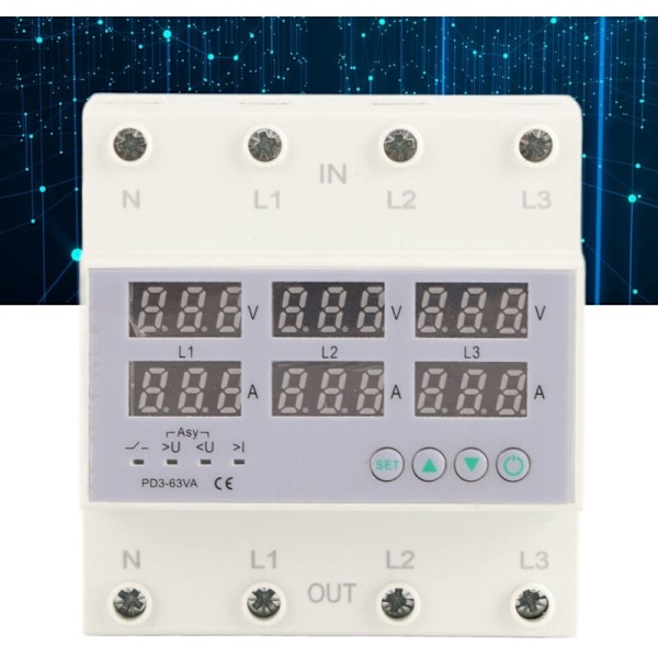 Voltmeter amperemeter med trefas DIN-skena, automatiskt skydd mot överspänningar och överströmmar, AC 390-500 V 63 A