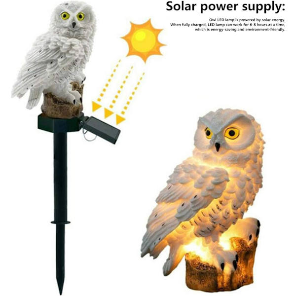 LED-hagelampe med realistisk ugle, vanntett solcellelampe, automatisk på/av for hage, hage, plen, hvit