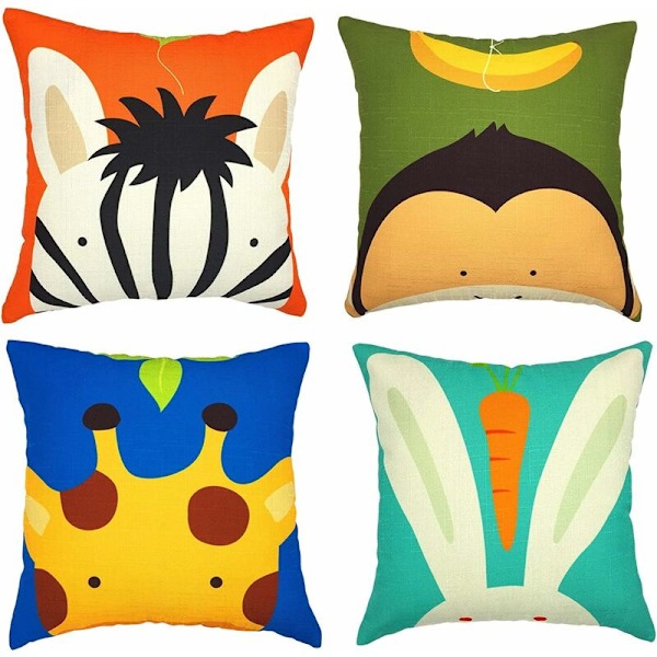 45 x 45 cm Sett med 4 i bomull og lin trykt barne tegneserie sebra kanin ape giraff firkantet putetrekk for seng bil sofa