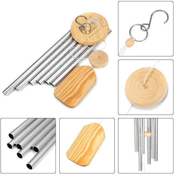 Utomhus vindklockor, med 6 aluminiumrör Minnesvindklockor i trä