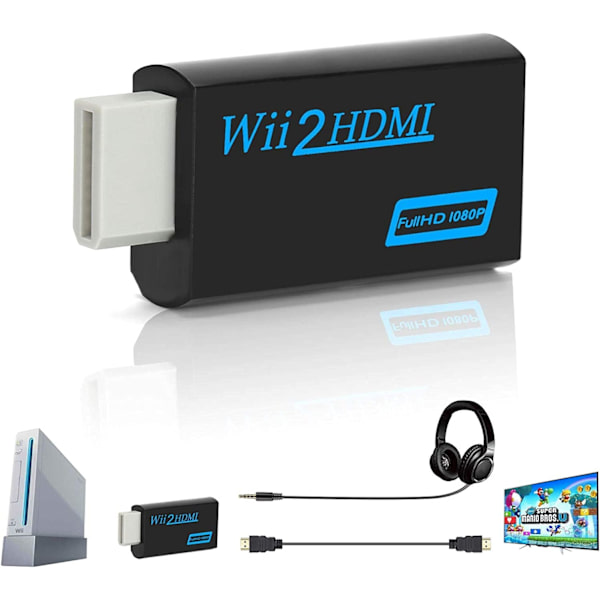 Wii till HDMI-omvandlare, Full HD 1080P videoadapteromvandlare med 3,5 mm ljud och HDMI-utgång, stöder alla Wii-visningslägen -Svart