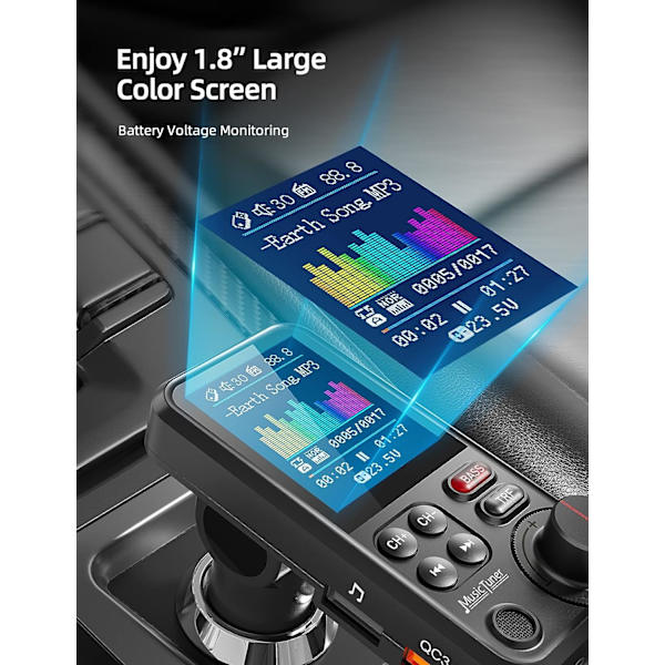 Bluetooth FM-sender, Bluetooth-bilradioadapter med kraftig mikrofon med 1,8\" fargeskjerm, støtte for QC3.0 musikkspiller, diskant og bass -