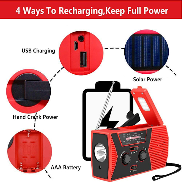 Veva radio med solcell och Powerbank Pro 2000 mAh - Röd