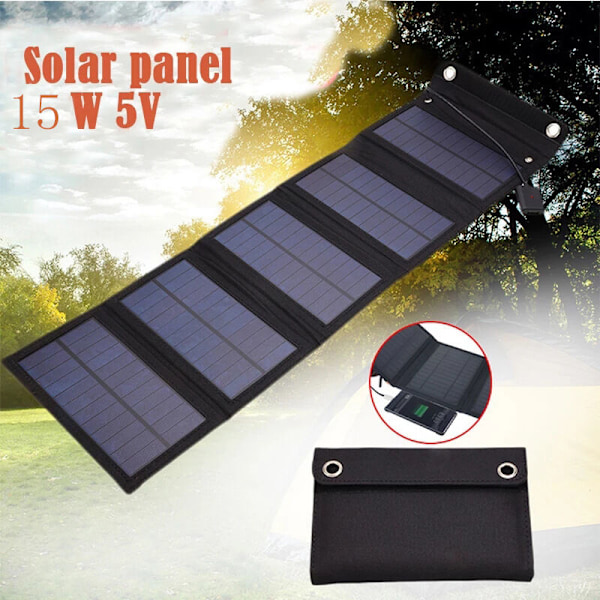 Vikbar väska med solpanel 15W/5V, flexibel hopfällbar solcellsladdningspanel för mobiltelefon, lämplig för utomhuscamping, vandring, promenader