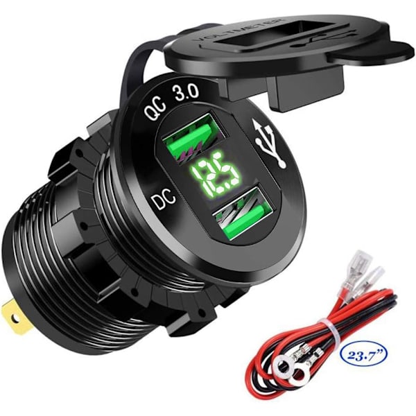 Biloplader (Grøn) Hurtig USB To QC3.0 USB-porte, 12V/24V 36W Vandtæt med LED Digital Voltmeter til Motorcykel, Campingvogn, Lastbil, Båd og Mere